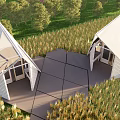 Two Triangle Roof Houses In Grassland With Connecting Platform And Trees