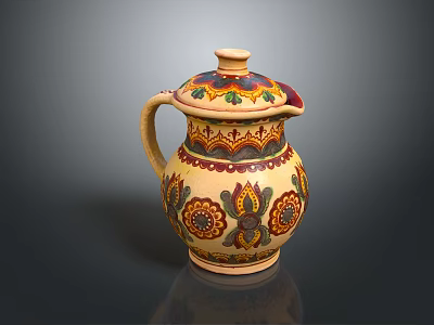 Traditional Decorative Hand Painted Ceramic Pitcher With Lid And Floral Patterns 3d model