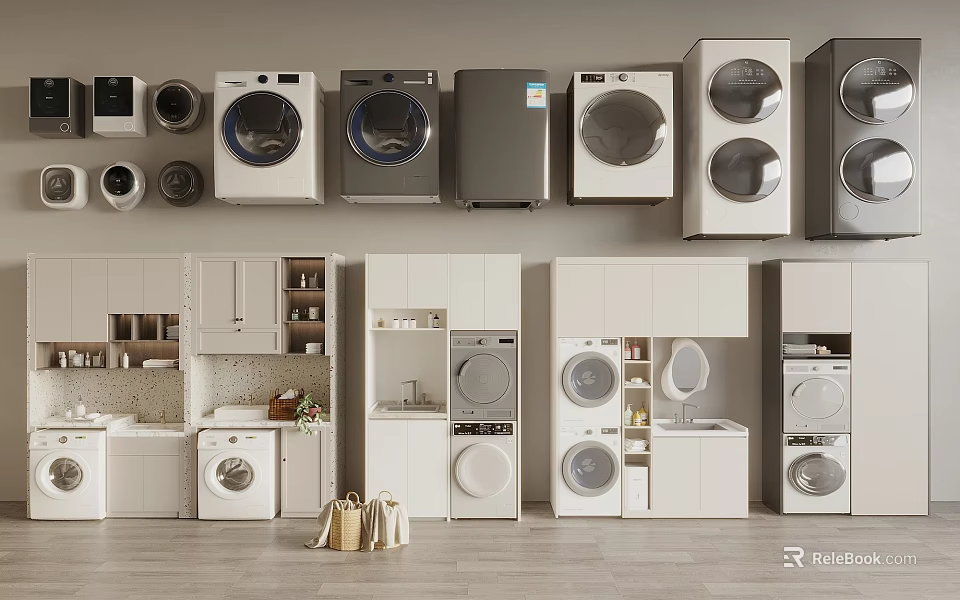 Modern Laundry Room With Various Front Load Top Load Washing Machines And Cabinets 3d model 