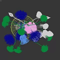 Transparent Vase With White Peonies And Blue Thistles On Wooden Base With Fairy Lights