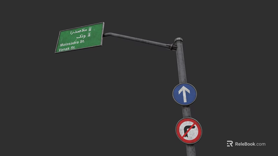 Road Facilities Featuring Green Directional Sign Blue Arrow And Prohibitory Signs On Pole 3d model 