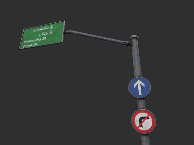 Road Facilities Featuring Green Directional Sign Blue Arrow And Prohibitory Signs On Pole 3d model