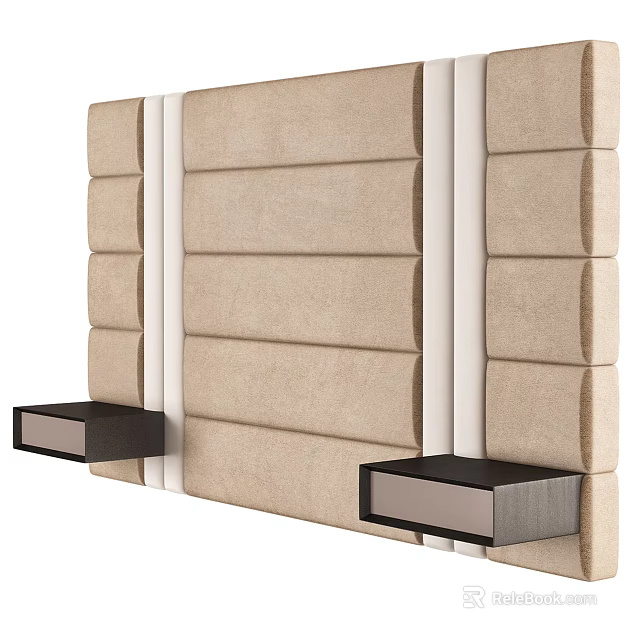 Modern Beige Upholstered Bed Accent Wall With White Strips And Black Shelves 3d model 