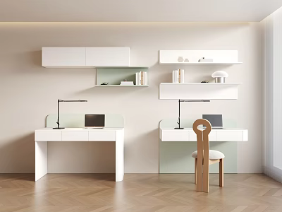 Modern Interior With White Desks Lamps Laptops Wall Shelves And Wooden Chair 3d model