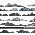 Stone Wood Mountain Silhouette Designs With Various Textured Artistic Decorative Elements 3d model