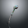 Wizard Wielding Ornate Metal Staff With Colorful Green Blue Details And Beast Claw Base Design