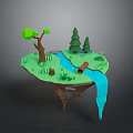 Modern 3D Low Poly Floating Island Design With Trees Stream And Waterfall 3d model