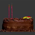 Chocolate Birthday Cake With Red Cream Decoration Two Red Candles And Yellow Red Flowers