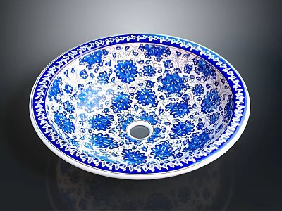 Hand Carved Ceramic Sculpture Washbasin With Blue And White Floral Patterns 3d model