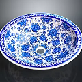 Hand Carved Ceramic Sculpture Washbasin With Blue And White Floral Patterns