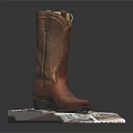 Classic Brown Leather Cowboy Boots Placed On Neat Stack Of Colorful Banknotes