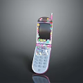 Colorful Pink Flip Mobile Phone With Decorative Patterns Screen And Keypad