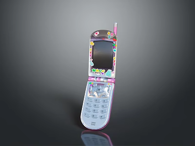 Colorful Pink Flip Mobile Phone With Decorative Patterns Screen And Keypad 3d model