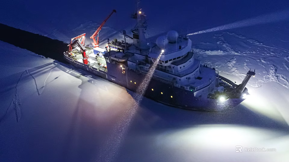 Research Ship On Ice With Lights And Cranes At Night 3d model 