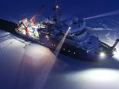 Research Ship On Ice With Lights And Cranes At Night 3d model