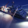 Research Ship On Ice With Lights And Cranes At Night