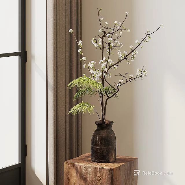Rustic Ceramic Vase With White Cherry Blossom Branches And Green Fern Leaves On Wooden Table 3d model 