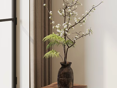 Rustic Ceramic Vase With White Cherry Blossom Branches And Green Fern Leaves On Wooden Table 3d model