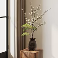 Rustic Ceramic Vase With White Cherry Blossom Branches And Green Fern Leaves On Wooden Table