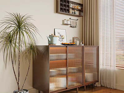 Modern Wooden Sideboard With Glass Doors And Potted Plant Near Wall Mounted Shelf 3d model