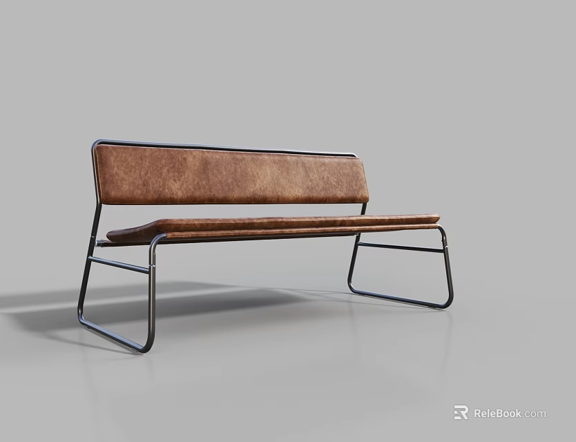 Modern Leisure Bench with Brown Leather Seat and Black Metal Frame in Contemporary Design 3d model 