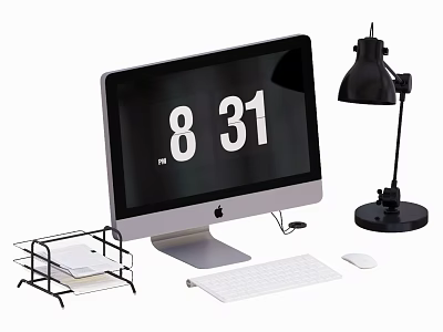 Apple Desktop Computer With Screen Displaying Time Keyboard Mouse Desk Lamp And File Holder 3d model