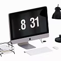 Apple Desktop Computer With Screen Displaying Time Keyboard Mouse Desk Lamp And File Holder 3d model