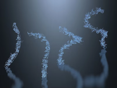 Blue Particles Curved Shapes On Dark Background With Smoke Like Fluid Dynamics And Glossy Reflective 3d model