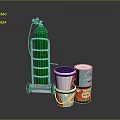 Everyday Household Items With Wheeled Cart Colorful Cans And Green Gas Cylinder