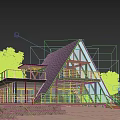 Modern Boutique Guesthouse with Triangular Roof Large Glass Windows Illuminated at Night Surrounded by Trees