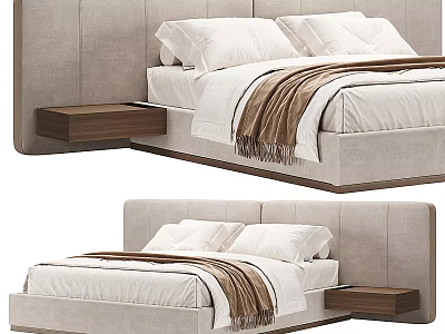 Modern Double Bed With Upholstered Headboard Wooden Bedside Table White Bedding And Brown Blanket 3d model