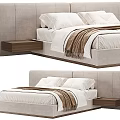 Modern Double Bed With Upholstered Headboard Wooden Bedside Table White Bedding And Brown Blanket