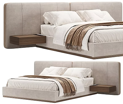 Modern Double Bed With Upholstered Headboard Wooden Bedside Table White Bedding And Brown Blanket 3d model