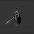 Man In Elaborate Mythical Armor Standing With Ornate Helmet Cloak Green Sword On Colorful Ground