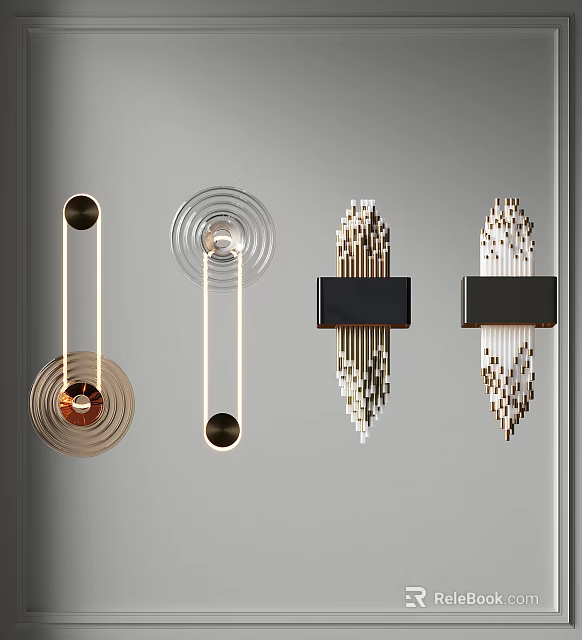 Elegant Modern Wall Lamps with Circular Linear and Tassel Designs in Black Gold 3d model 