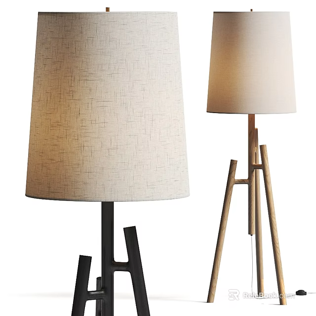 Modern Floor Lamps With Textured Fabric Shade And Black Wooden Tripod Stand 3d model 