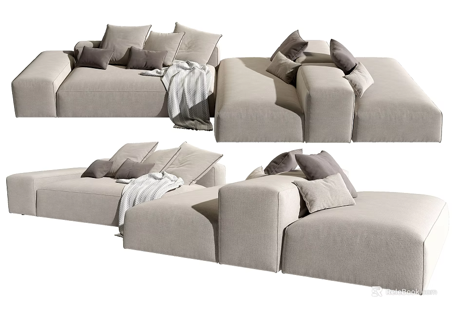 Beige Modern Minimalist Multi Seater Sofa With Soft Fabric Cushions And Gray Throw Blanket 3d model 