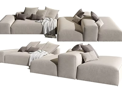 Beige Modern Minimalist Multi Seater Sofa With Soft Fabric Cushions And Gray Throw Blanket 3d model