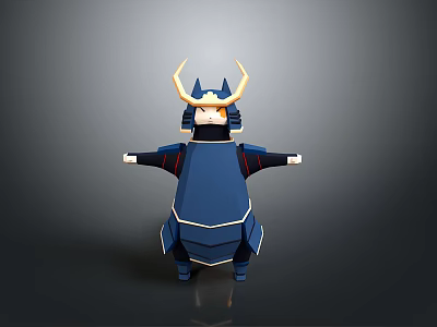 Cute Samurai Game Film Character With Blue Armor And Golden Horned Helmet 3d model