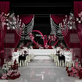 Banquet Hall Decorated For Wedding Party With Pink Floral Decor Chandeliers And Petals