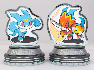 Digimon Collectible Trophy Figures Blue And Orange Flame Character With Metallic Base And Transparent 3d model