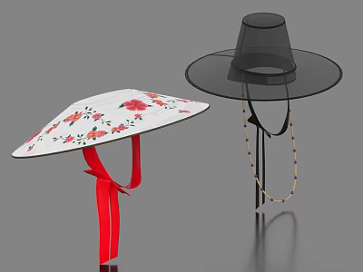 White Hat With Red Floral Pattern Red Strap And Black Hat With Transparent Brim Bead Chain 3d model