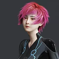 Woman with pink hair in black tight outfit kneeling on one knee holding gun