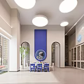Bright Kindergarten Interior With Blue Decor Play Area And Lights