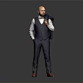 Stylish Man In Navy Blue Vest White Shirt And Matching Pants With Jacket Over Shoulder