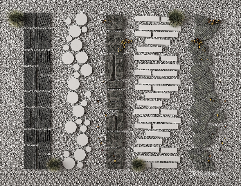 Various Shaped Garden Stepping Stones Path With Gravel Ground And Small Plants 3d model 