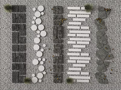 Various Shaped Garden Stepping Stones Path With Gravel Ground And Small Plants 3d model