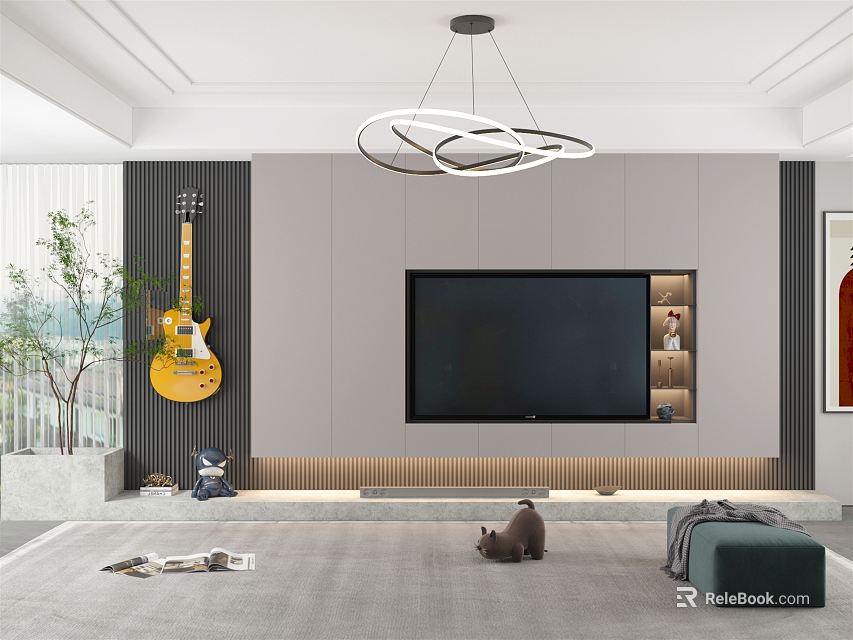 Modern TV Wall Design With Mounted TV Side Shelves Decor Items And Hanging Guitar 3d model 