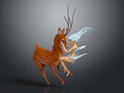 Magical Deer With Antlers Standing Next To Flying Fairy With Blue Hair And Wings 3d model
