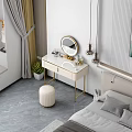 Elegant Vanity Table With Round Mirror Organized Drawers And Stool In Bedroom